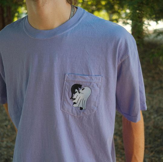 Ghost Holding Cat Halloween Embroidered Pocket T-Shirt