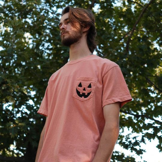 Embroided Pumpkin Face Halloween Pocket T-Shirt