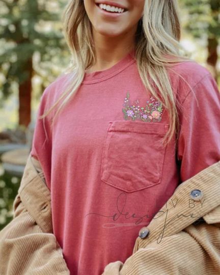 Butterfly and Wildflower Embroidered Pocket T-Shirt - Comfort Colors Short Sleeve Tee for Women