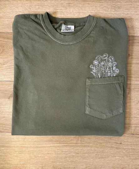 Embroidered Blooming Flowers Pocket T-Shirt - Comfort Colors Vintage Dyed Pigment, Unisex