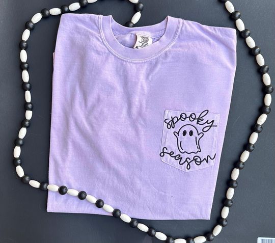 Spooky Season Ghost Embroidered Pocket T-Shirt