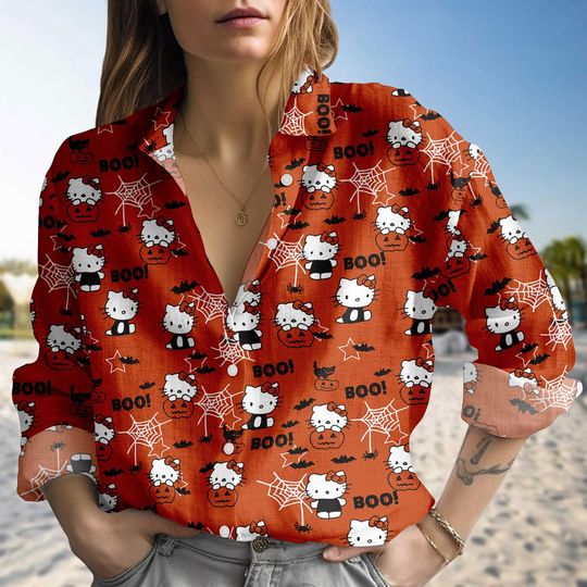 Halloween Hello Kitty Blouse Shirt, Kitty Cat Women Shirt, Super Kitties Casual Shirt, Cute Girls Party Shirt, Gift For Her