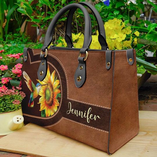 Custom Hummingbird Leather Handbag, Bird and Sunflower Bags Gift, Humming Bird Lover Gift For Women, Christmas Gift For Women