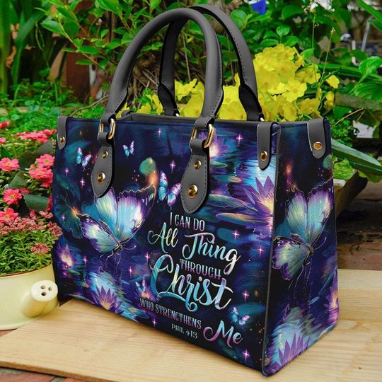 Leather Handbag Angel Butterfly Purple, Spiritual Motivational Bag For Women, Jesus Bible Verse Faith-Inspired Bag, Religious Bags