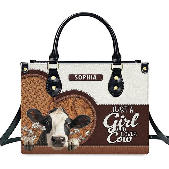 Just A Girl Who Lovers Cows Pu Leather Handbag, Custom Name Cow Lovers Tote Bag Gift For Women, Bag Gift For Her, Birthday Bag Gift