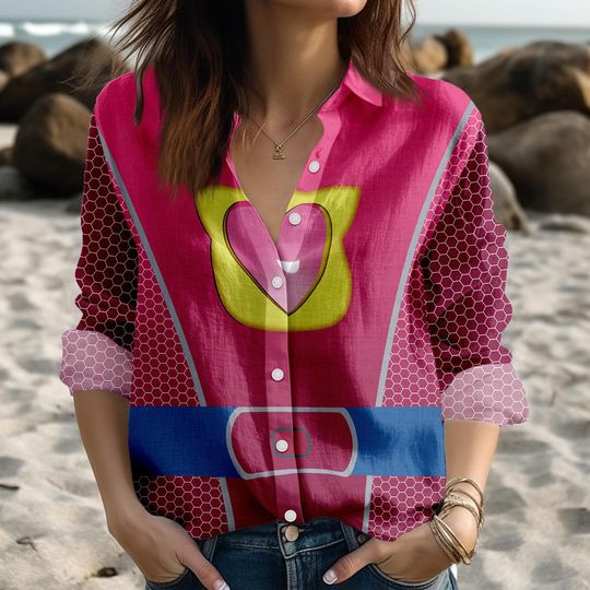 Ginny SuperKitties Linen-Look Shirt, Ginny Costume Blouse Shirt, Cartoon Cosplay Shirt, Halloween Outfit, Cosplay Button Shirt