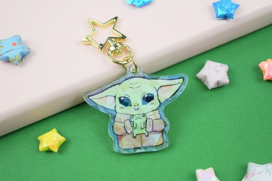 Green Star Child Alien Eating Frog Holographic Keychain Star Gold ~ Pastel Anime Kawaii