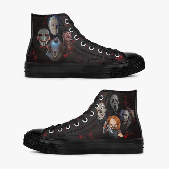 Horror Halloween High Top Sneakers, Chucky, Pennywise, Jigsaw, Ghostface, Michael Myers, Retro Canvas Shoes