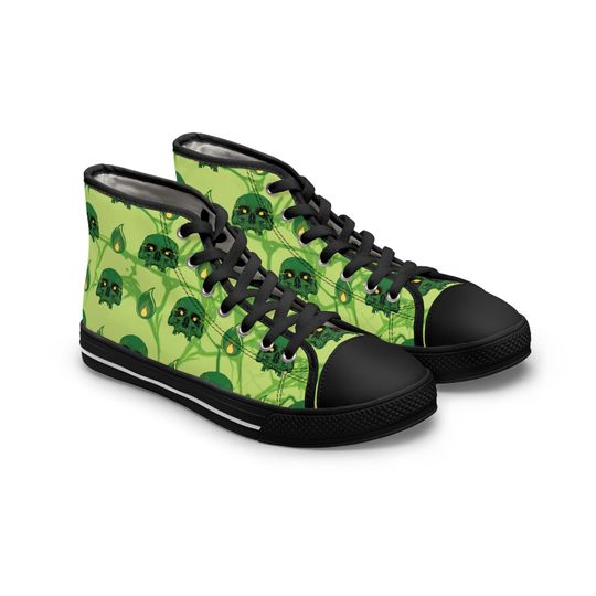 Women's High Top Sneakers - Skull and Flames Halloween Sneakers - Gothic Green Sneakers