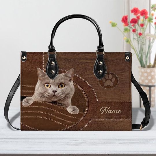 Personalized Leather Handbag for Cat Lovers, British Shorthair Cat Tote Bag, Custom Pet Portrait Bag, Tote Bag For Cat Mom