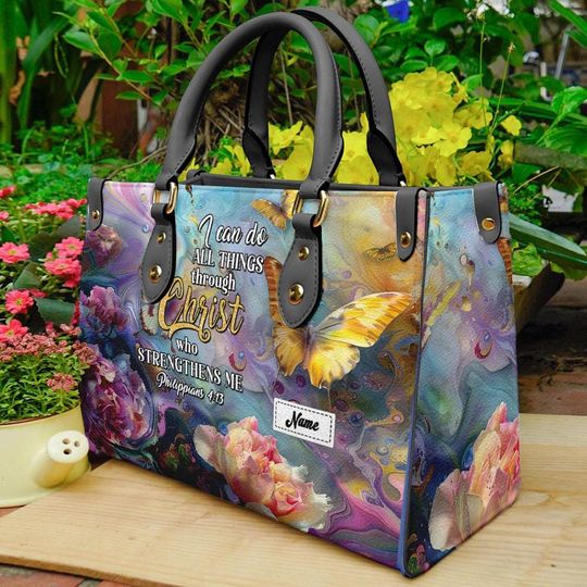 Personalized Leather Handbag With Bible Verse, I Can Do All Things Through Him Who Strengthens Me, Christian Tote Bag Christmas Gift