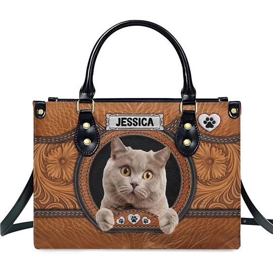 British Shorthair Leather Handbag For Women, Cat Tote Bag, Custom Pet Portrait Bag, Animals PU Leather Bag Gift, Cat Mom Gift