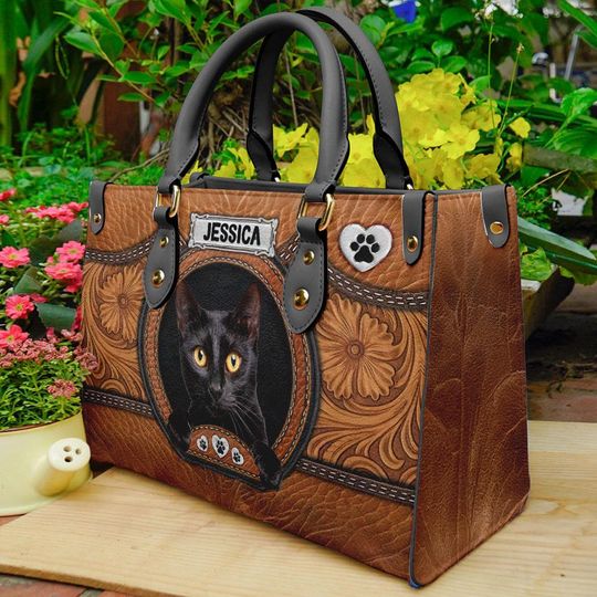 Personalized Black Cat Leather Handbag For Women, Cat Tote Bag, Custom Pet Portrait Bag, Animals PU Leather Bag Gift, Cat Mom Gift