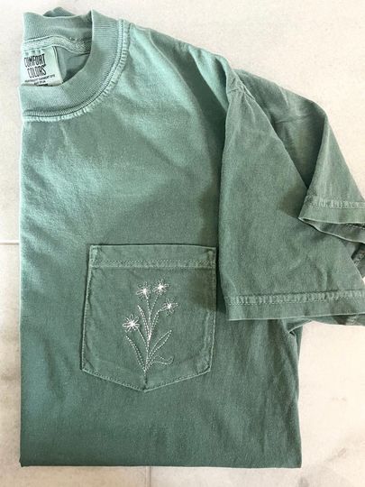 Wildflower Embroidered Pocket T-Shirt - Personalized Ring Spun Comfort Colors Monogram Tee