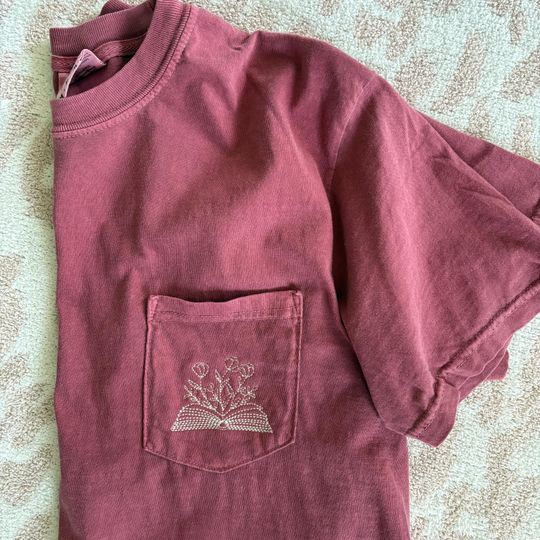 Floral Book Embroidered Pocket T-Shirt - Comfort Colors Bookworm Monogram Pocket Tee - Personalized Ring Spun Cotton