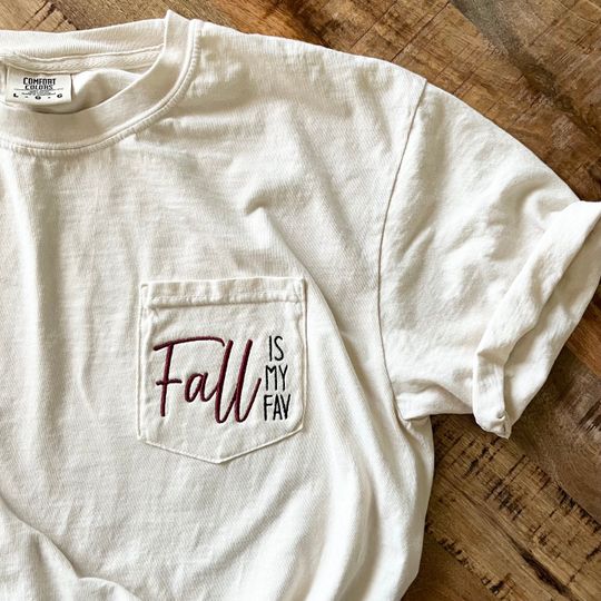 Fall Is My Fav Tee - Comfort Colors Embroidered Pocket T-Shirt with Monogram and Halloween Design