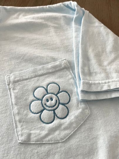 Embroidery Pocket T-Shirt - Flower Smile, Monogram