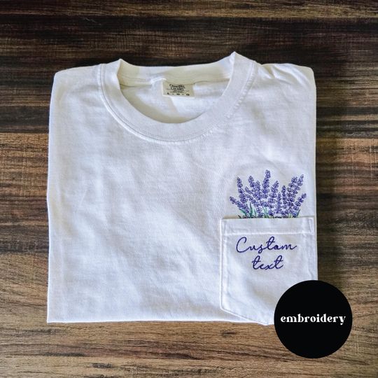 Lavender Pocket T-Shirt with Custom Embroidery, Floral Embroidered Comfort Colors Oversized Tee for Women and Moms