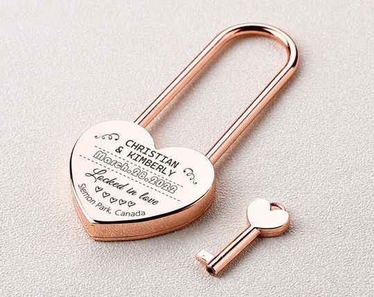 Engraved Heart Padlock with Long Lock, Personalized Gold Love Lock, Custom Engraved Engagement and Wedding Gift