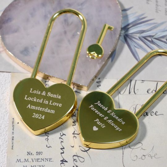 Engraved Heart Padlock with Long Lock - Personalized Love Lock, Gold Heart Love Lock, Paris & Amsterdam Bridge Love Lock, Engagement and Anniversary Gift