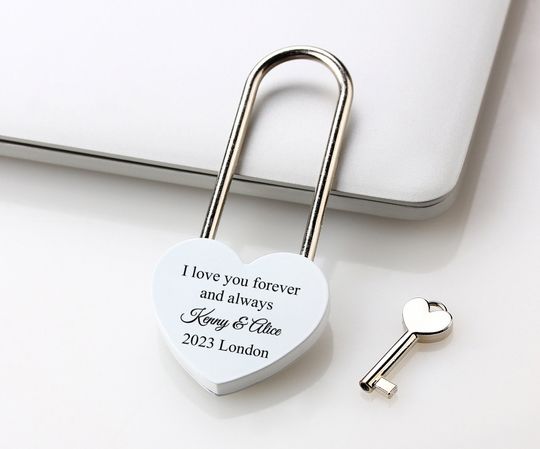 Engraved Heart Padlock with Long Lock – Personalized Love Lock for Anniversary, Valentine's Day, Wedding Gift for Wife or Husband