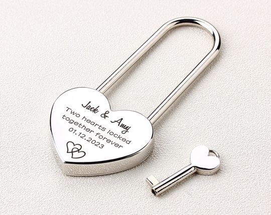Engraved Heart Padlock with Long Lock - Personalized Love Lock, Two Hearts Forever, Wedding & Anniversary Gift