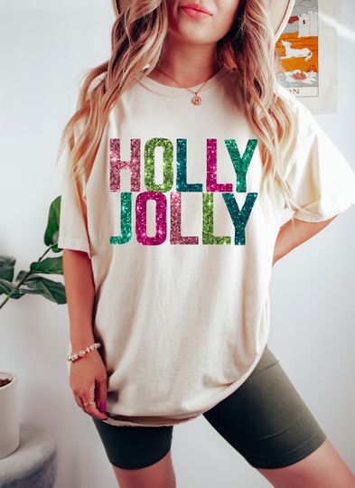 Holly Jolly Faux Sequins Tee, Christmas Tees, Holly Jolly Christmas Shirt