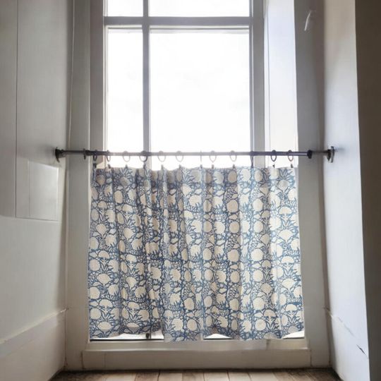 Kitchen Tier Curtain Set, Hand Block Printed Valance and Cafe Curtains, Bathroom and Nursery Small Curtains