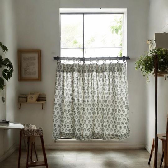 Hand Block Printed Tier Curtain Set for Kitchen and Bathroom, Nursery, Cafe Valance