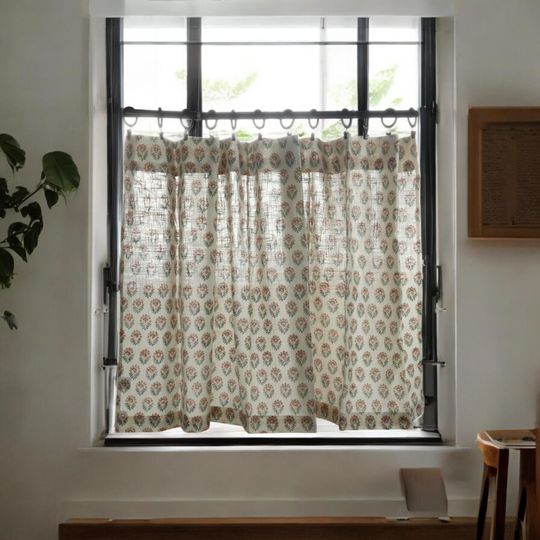 Block Print Cafe Curtain Tier Set, Linen Look Kitchen & Bathroom Window Valance