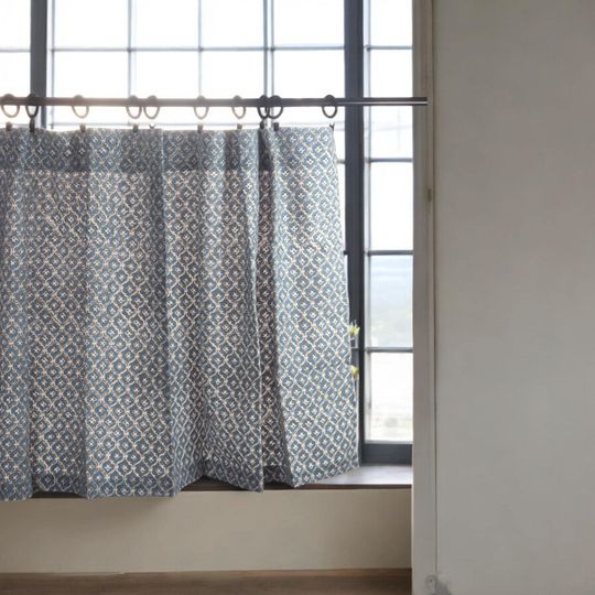 Tier Curtain Set - Kitchen Cafe & Nursery Small Panels, Hand Block Printed Cotton Bathroom Drapery