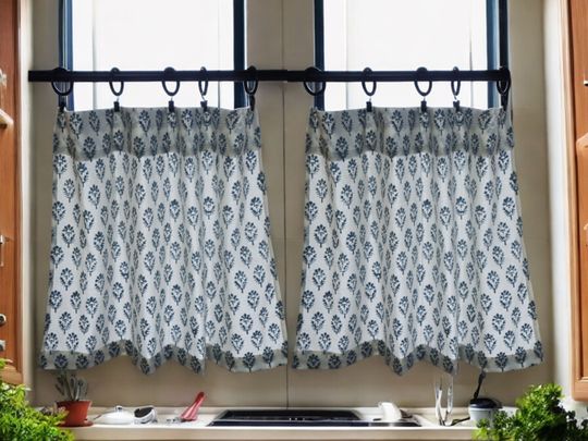 Caf Tier Curtains, Cotton Block Print Cafe Curtains, Floral Modern Farmhouse Kitchen Bathroom Bedroom Layered Curtains