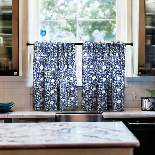 Thick Cotton Hand Block Printed Kitchen Curtain Set - Boho Cafe Semi-Sheer Tier Curtain