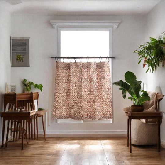 Terracotta Pink Caf Curtain Set, Kitchen Valance, Farmhouse Style Tier Panels, Housewarming Gift