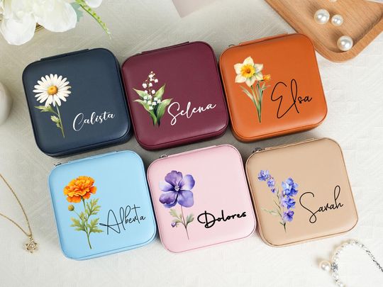 Personalized Birth Month Flower Jewelry Case - Bridesmaid & Holiday Gift