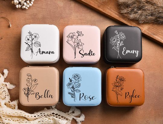 Personalized Leather Birth Flower Travel Case with Custom Name