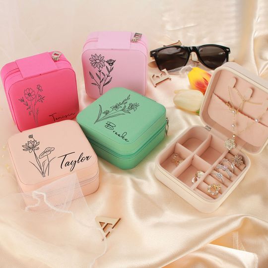Personalized Birth Flower Travel Jewelry Box with Name - Bridesmaid Gift