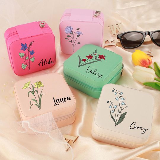 Personalized Birth Flower Jewelry Organizer with Name - Bridesmaid Gift