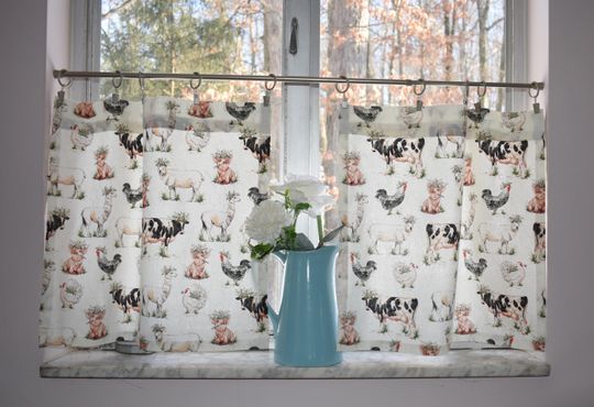 Farm Animal Tier Curtain Set Cow Pig Chicken Llama Print Duck Canvas Fabric Lined or Unlined