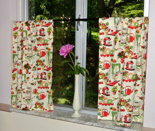 Retro Kitchen Caf Curtains, Mid Century Red Vintage Tier Set, 50’s Style Window Half Curtains