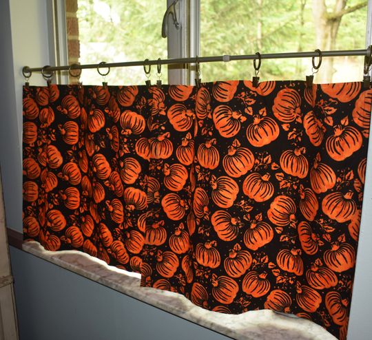 Halloween Pumpkin Kitchen Curtains - Lightweight Cafe Tier Set, Half Curtains, Black and Orange Batik Fabric