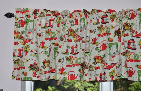 Retro Kitchen Valance and Cafe Curtains, Red with Cream Background, 1950s Mid-Century Vintage Tier Curtain Set