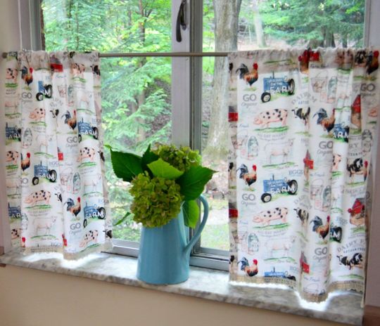 Country Kitchen Farmhouse Tier Curtain Set, Lightweight Barnyard Lace Trim Half Curtains, Pretty Little Valances