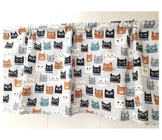 Kitten Cats Fish Tier Curtain Set, Cafe Curtain & Window Treatment, Kids Nursery & Living Room Drape