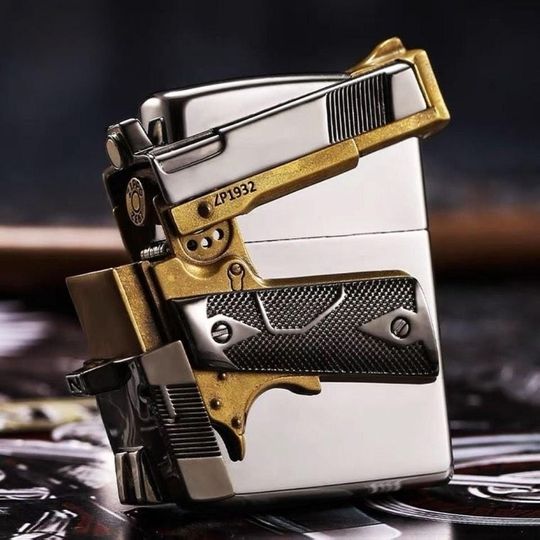 Two-Tone Metal Gun Design Zippo Pocket Lighter Case – Shell Only