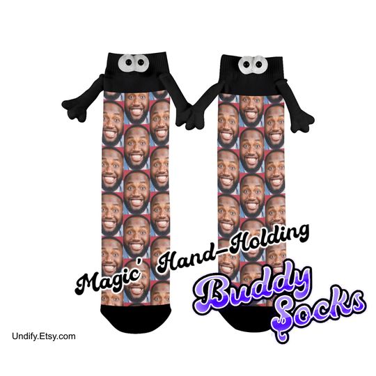 Hand-Holding Buddy Socks with Custom Photo Faces, Magnet Hands, Couples Gift for Christmas, Birthday