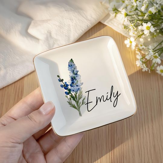 Personalised Birth Flower Trinket Dish, Custom Watercolor Flower Ring Dish