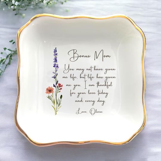 Personalized Ring Dish For Bonus Mom, Gift For Step Mom From Daughter, Custom Flower