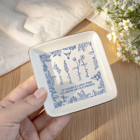 Personalized Birth Flower Jewelry Dish, Friendship Ring Dish, Birth Month Flower with Name