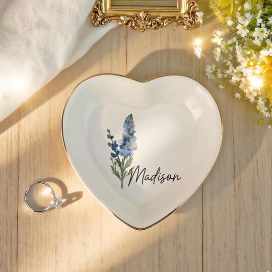 Personalised Birth Flower Trinket Dish, Watercolor Flower Ring Dish, Birthday Jewelry Dish